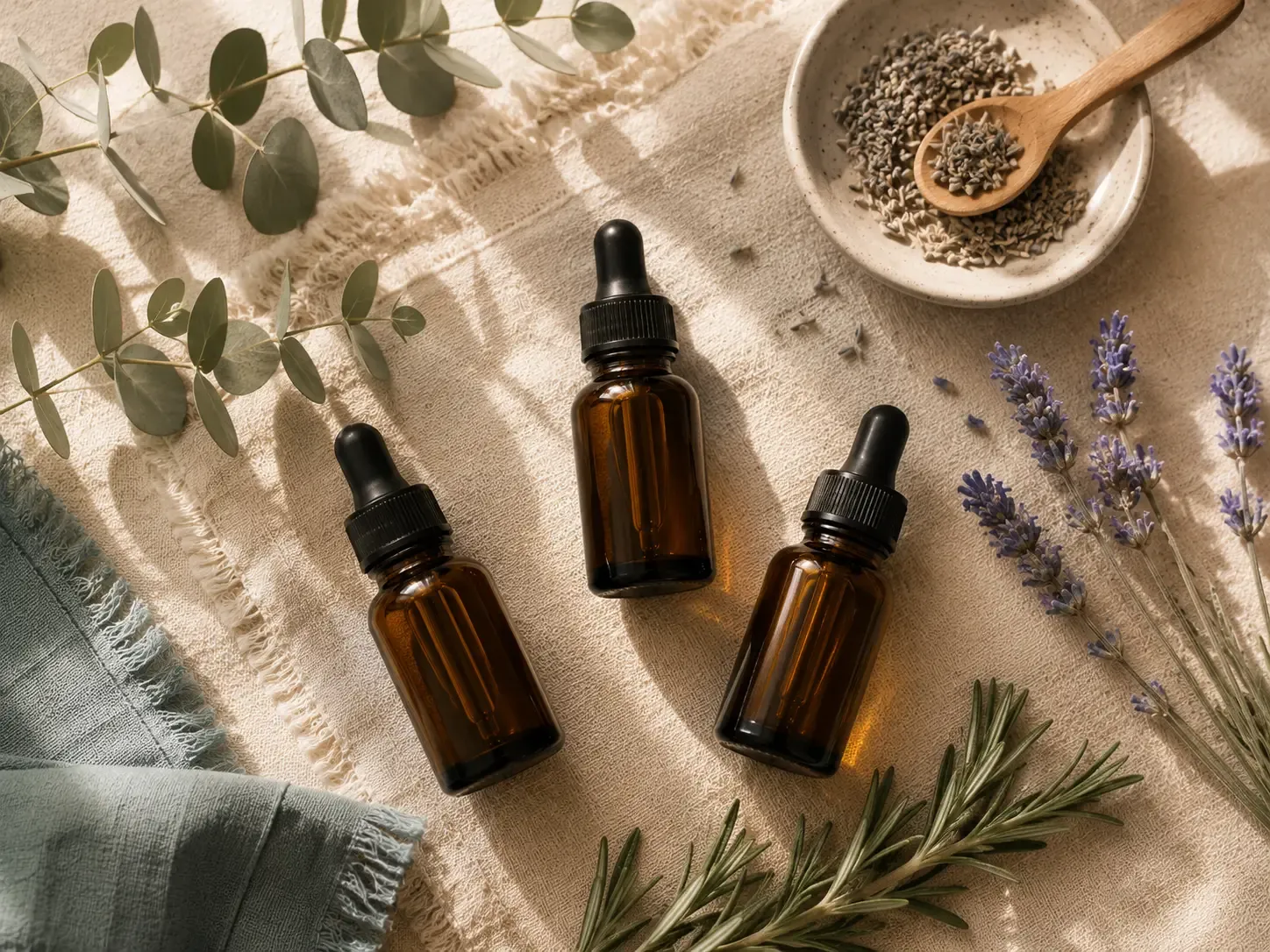 Aceites esenciales dōTERRA con botánicos frescos sobre lino crema