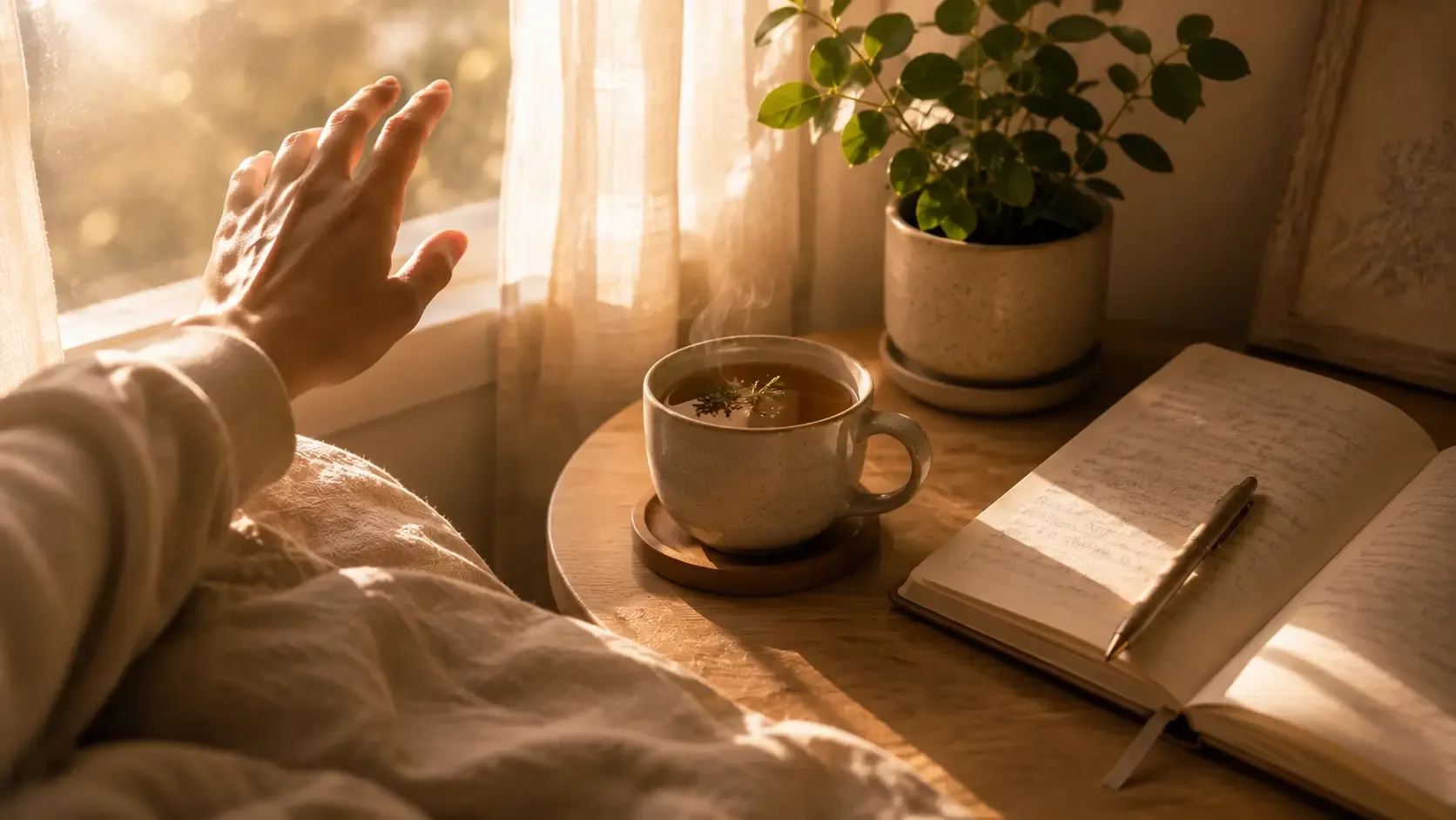 Mujer disfrutando un café junto a una ventana con luz natural