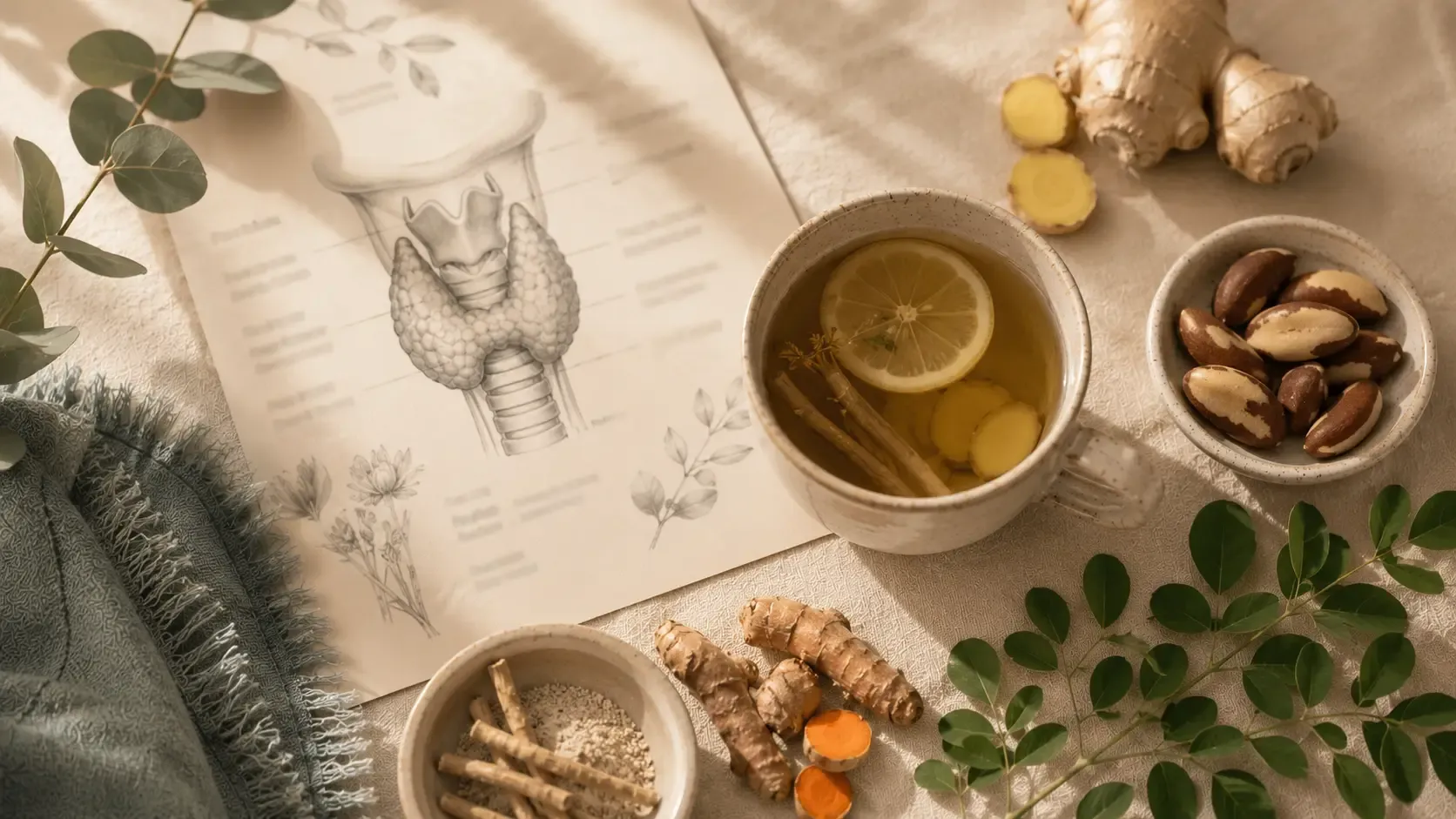 Taza de té herbal con flores y hierbas medicinales sobre madera