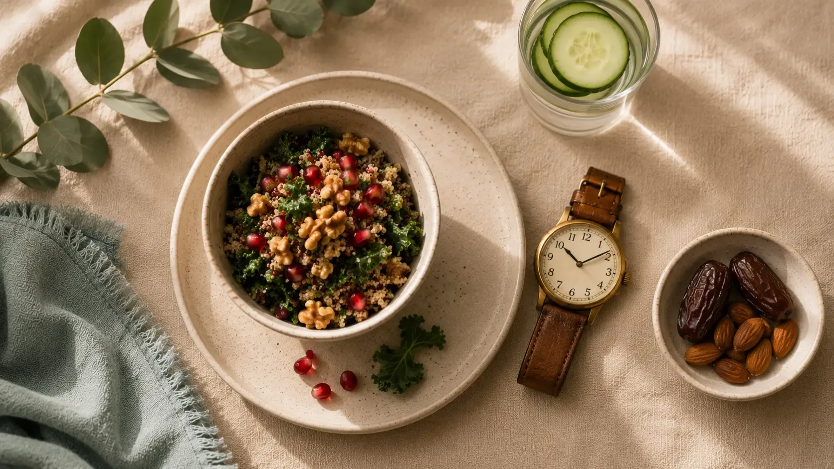 Mujer sosteniendo un bowl con verduras, quinoa y comida saludable